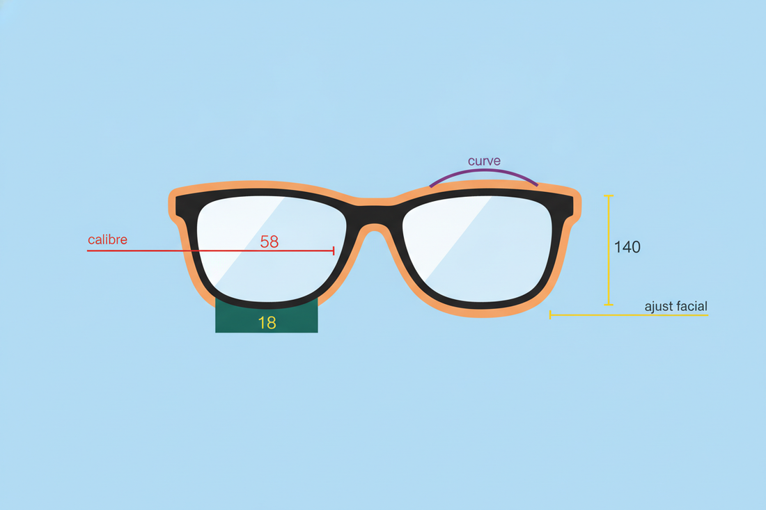 Cómo leer las medidas de unas gafas de sol: calibre, puente, varilla, curva y ajuste facial