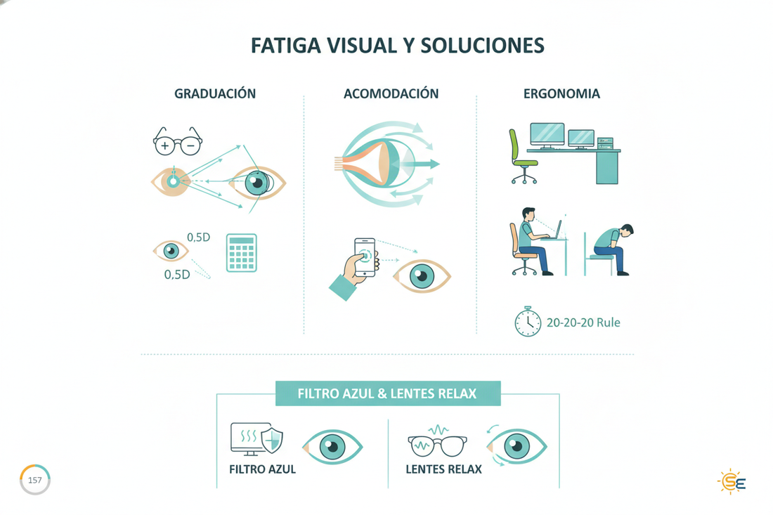 Filtro azul, lentes relax y fatiga digital: qué parte del cansancio visual depende de la graduación, la acomodación y la ergonomía